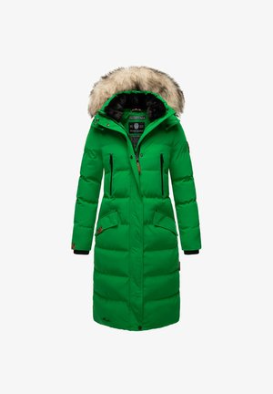 Zielona kurtka puchowa z futrzanym kapturem, z zamykanymi kieszeniami, przednim zamkiem i wysmuklającą długą sylwetką. Akcenty z brązowego metalu.