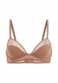 Soutien-gorge en mesh brun transparent avec des bretelles fines et réglables, et des bonnets légèrement rembourrés, doté d'une fermeture à crochets au dos.