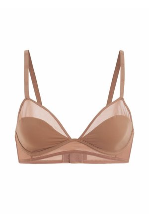 Brun genomskinlig mesh-bh med tunna justerbara axelband och lätt vadderade kupor, med en hak-och-öga stängning bak.