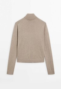 Beige coltrui, zachte textuur, lange mouwen, slim-fit ontwerp, met een hoge kraag en geribbelde zoom, gezien vanaf de achterkant.