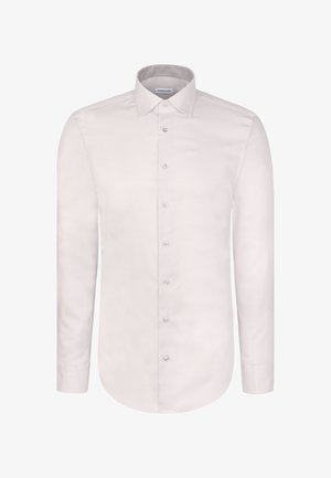 Biała koszula z długim rękawem wykonana z gładkiej tkaniny, z kołnierzykiem na guziki i subtelnym wzorem w kratę od środka kołnierzyka. Klasyczny krój.