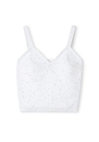 Biały krótki top bez rękawów z dekoltem w kształcie litery V, cienkimi ramiączkami i teksturowaną powierzchnią z rozproszonymi metalicznymi kropkami. Żebrowany dół.