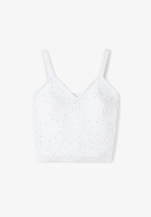 Weißes, kurzes Tanktop mit V-Ausschnitt, dünnen Trägern und einer strukturierten Oberfläche mit verstreuten metallischen Punkten. Rippenbesatz am unteren Saum.