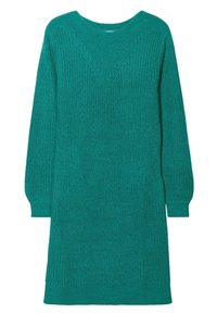 Robe en maille sarcelle avec une coupe ample, des manches longues, un col large et un motif texturé. L'ourlet se termine légèrement au-dessus du genou.