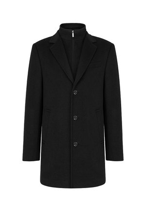 Czarny płaszcz wykonany z wełnianej mieszanki, z wysokim kołnierzem, pięcioma guzikami z przodu, dwoma bocznymi kieszeniami i uporządkowaną sylwetką.