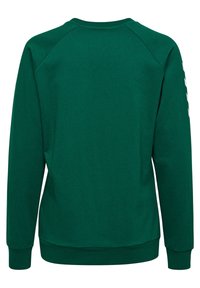 Sweat-shirt vert foncé à manches longues avec poignets et ourlet côtelés, montré de dos avec un design uni.