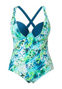 Maillot de bain une pièce avec un imprimé floral bleu et vert, doté d'un bonnet rembourré, de bretelles croisées et d'un tissu lisse et extensible.