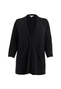 Sort cardigan med en åben front, der draperes, trekvartlange ærmer og to forlommer med lapper. Blødt, let stof.