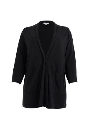 Zwarte cardigan met een draperende open voorkant, driekwart mouwen en twee voorzakken. Zachte, lichte stof.