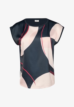 Bluzka z krótkim rękawem w kolorze granatowym, z abstrakcyjnymi kształtami w kolorze kremowym i różowym, podkreślonymi czerwonymi akcentami. Gładki materiał i luźny krój.