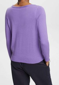 Fioletowy sweter dzianinowy z dekoltem w serek, długimi rękawami i prążkowanym wykończeniem. Miękka tekstura i luźny krój, zestawiony z ciemnymi spodniami.