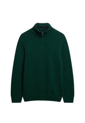 Maglione verde scuro con colletto a coste alto, chiusura a mezza zip e polsini a coste. Presenta un logo discreto sul petto. Texture in maglia morbida.