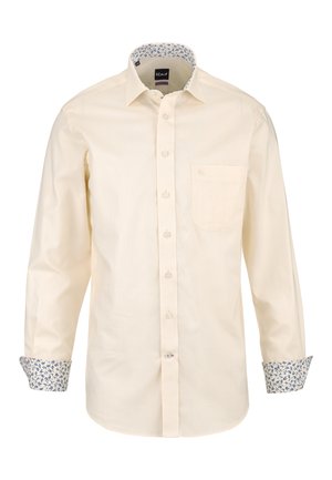 Langärmeliges Hemd in Cremefarben mit Knopfleiste, Brusttasche und floral bedrucktem Innenkragen sowie Manschetten.