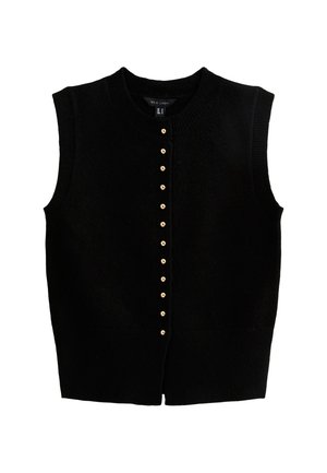 Gilet nero senza maniche in maglia con bottoni dorati al centro e colletto, aperture per le braccia e orlo a costine.