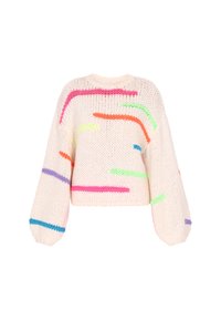 Crocheted sweater in soft cream, featuring colorful abstract stripes in pink, green, orange, blue, and purple. Short, oversized sleeves.