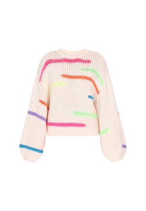 Gehaakte trui in zacht crème, met kleurrijke abstracte strepen in roze, groen, oranje, blauw en paars. Korte, oversized mouwen.