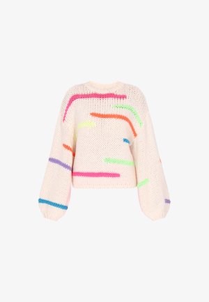 Hækletrøje i blød cremefarve med farverige, abstrakte striber i pink, grøn, orange, blå og lilla. Korte, oversized ærmer.