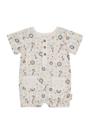Kurzärmliger Baby-Strampler mit Löwen- und Giraffenmotiven, vorderen Holzknöpfen, zwei Taschen und Druckknöpfen am Saum.