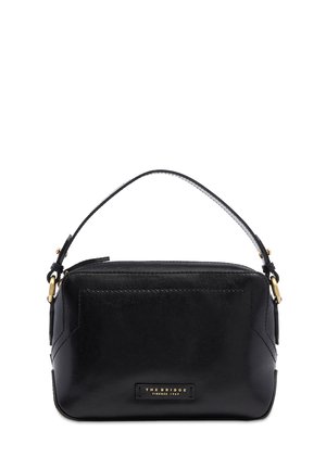 Borsa rettangolare in pelle nera con manico corto e accessori dorati, targhetta con logo "The Bridge Firenze 1969" sul davanti.