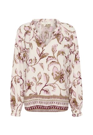 Hosszú ujjú blúz rózsaszín, bézs és barna virágmintákkal, fodros nyakkivágással és díszített szegéllyel.