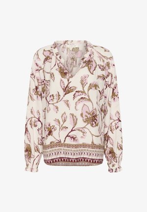 Hosszú ujjú blúz rózsaszín, bézs és barna virágmintákkal, fodros nyakkivágással és díszített szegéllyel.