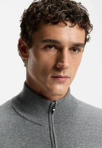 Pull gris à fermeture éclair avec un col montant, fabriqué dans un tissu doux. Présente une texture côtelée et une fermeture éclair frontale avec une tirette simple.