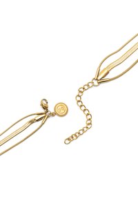 Collana in tono dorato con due stili di catena testurizzati, dotata di chiusura a moschettone e lunghezza regolabile con dettaglio a pendente circolare.