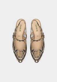 Pair of pointed-toe slingback flats with snakeskin pattern and adjustable ankle straps, size 4½, on white background.