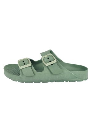 Grüne Riemensandale mit profilierter Sohle und zwei verstellbaren Schnallenriemen, offene Zehen- und Fersenpartie, aus leichtem Gummimaterial.