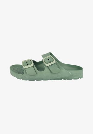 Grüne Riemensandale mit profilierter Sohle und zwei verstellbaren Schnallenriemen, offene Zehen- und Fersenpartie, aus leichtem Gummimaterial.