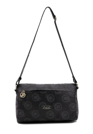 Zwarte schoudertas met verstelbare riem, met cirkelvormig patroon, voorvak met ritssluiting en gouden ritstrekker, en ALV-ontwerplogo-plaatje.