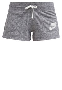 Šedé sportovní šortky s stahovací šňůrkou v pase, dvěma předními kapsami a bílým logem Nike na pravé nohavici. Měkká, strukturovaná tkanina.