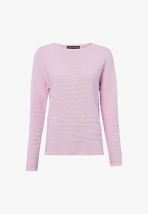 Lichtroze geribbelde trui met lange mouwen, ronde hals en rechte zoom van Franco Callegari, weergegeven op een witte achtergrond.