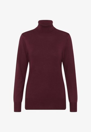 Pull col roulé bordeaux en tissu tricoté doux, doté de manches longues et d'un col et d'un ourlet côtelés, offrant une silhouette ajustée.