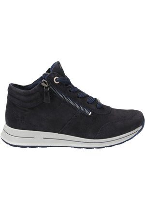 Navy suede high-top sneaker with textured fabric, contrasting white rubber sole, lace-up front, and side zipper detail for easy wear.