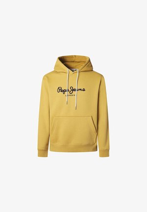 Gul hoodie i en bomullsblandning, med en kenguruficka, dragsko på huvan och svart logotext "Pepe Jeans LONDON" på framsidan.