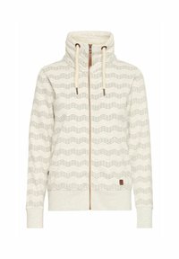Hoodie zippé crème clair avec un col montant, orné de lignes en zigzag. Il comprend des cordons de serrage, des poignets côtelés et un patch logo discret.