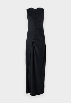 Black sleeveless maxi dress with draped side detailing, made of smooth fabric; features a round neckline and a fitted silhouette.