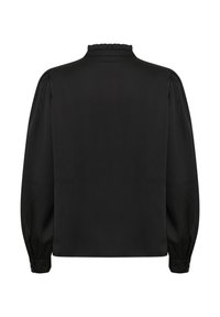 Blusa nera a maniche lunghe con colletto arricciato e polsini con bottoni. Tessuto liscio con silhouette strutturata e cuciture delle spalle arricciate.