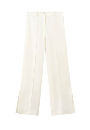 Pantalones blancos de tiro alto y pernera ancha, con un botón frontal, trabillas para cinturón y costuras laterales que se extienden hacia pequeñas aberturas en el dobladillo.