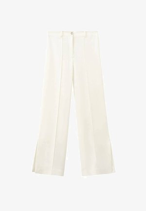 Witte wijde broek met hoge taille, voorste knoop, lussen voor een riem en zijnaden die doorlopen tot kleine splitjes aan de zoom.