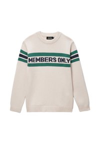 Pull en crème avec encolure et ourlet côtelés. Présente "MEMBERS ONLY" en lettres majuscules avec des rayures verticales bleu marine et vert sur la poitrine et les manches. Tissu en tricot doux.