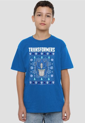 Blue cotton T-shirt featuring a large graphic of a robot head, surrounded by patterned accents including stars and gifts.