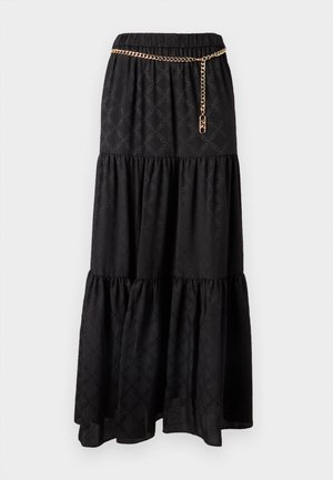 Μαύρη μακρυά φούστα σε στρώσεις από υφασμάτινο ύφασμα με υφή, με ελαστική μέση και διακοσμητική χρυσή αλυσίδα στη μέση.