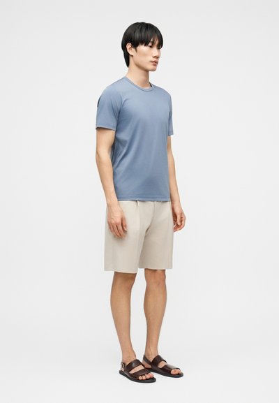 Άντρας που στέκεται, φορώντας μπλε μπλουζάκι με κοντό μανίκι, μπεζ σορτς μέχρι το γόνατο και σκούρα καφέ σανδάλια, μπροστά από ένα απλό φωτεινό φόντο.