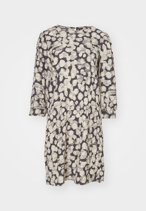 Φόρεμα με κοντά μανίκια σε υφαντή, ελαφριά ύλη. Διαθέτει μπεζ και σκούρο γκρι αφηρημένο σχέδιο με στρογγυλή λαιμόκοψη και χαλαρή εφαρμογή.