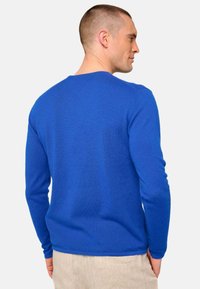 Un pull bleu vif, texture côtelée, manches longues, encolure ronde, porté de manière décontractée avec un pantalon de couleur claire, vu de dos.