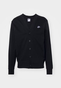 Cárdigan negro de material suave con cuello en V, seis botones, puños acanalados y un pequeño logotipo blanco de Nike en el lado izquierdo del pecho.