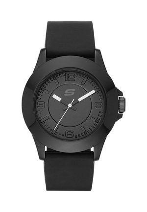 Reloj de pulsera analógico negro con esfera redonda, manecillas blancas de hora y minuto, segundero blanco y correa de caucho negra.