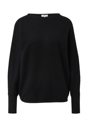 Zwarte trui met een horizontale ribbeltextuur, brede bootneck, lange mouwen en een relaxed fit. Gemaakt van zachte, ademende stof.